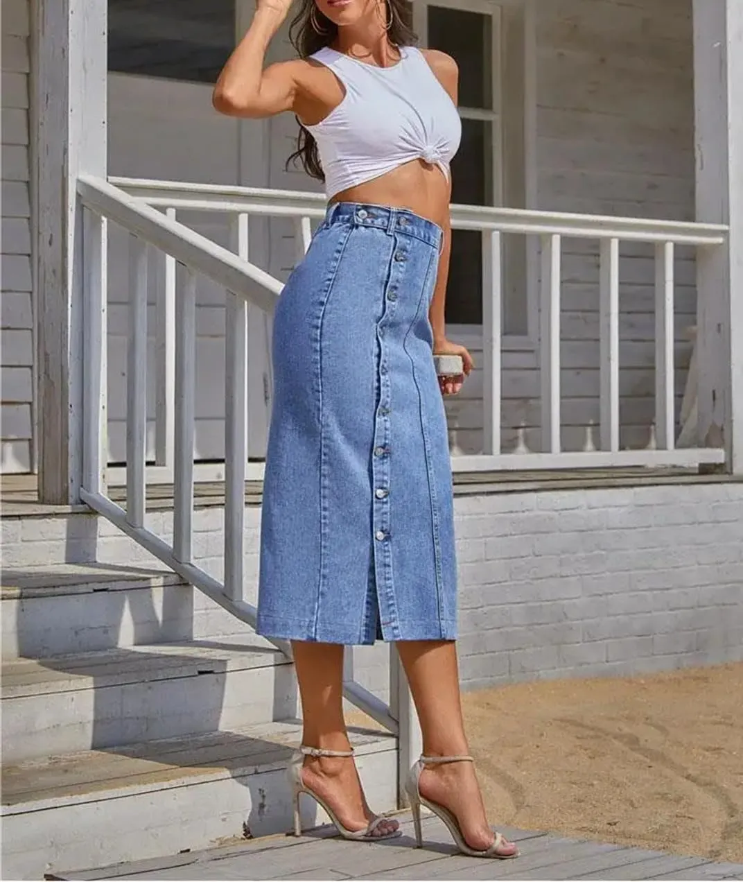 Women's Maxi Pencil Jean Skirt High Waisted A-Line Long Denim Skirts Ins Button Down Side Split Hem Skirt