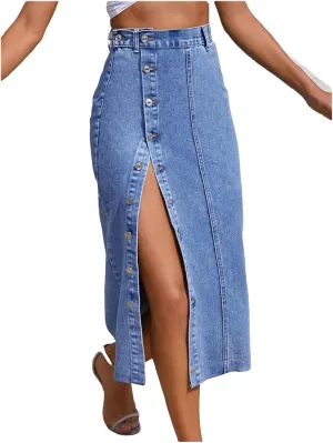 Women's Maxi Pencil Jean Skirt High Waisted A-Line Long Denim Skirts Ins Button Down Side Split Hem Skirt