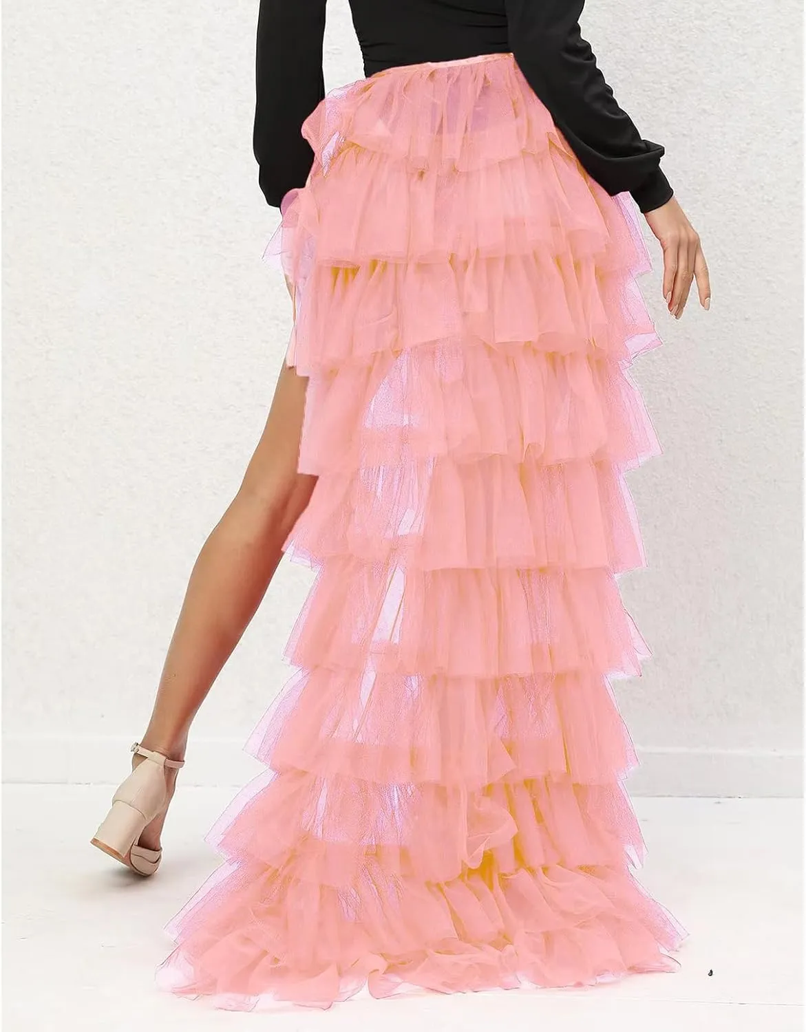 Women's Maxi Ruffle Skirt Long High Low Fluffy Tutu Skirt High Side Slit Summer 80s Prom Dress Puffy Skirt