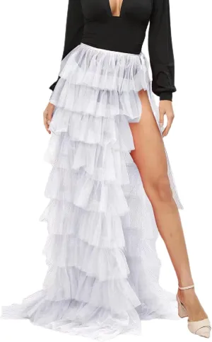 Women's Maxi Ruffle Skirt Long High Low Fluffy Tutu Skirt High Side Slit Summer 80s Prom Dress Puffy Skirt