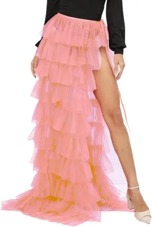 Women's Maxi Ruffle Skirt Long High Low Fluffy Tutu Skirt High Side Slit Summer 80s Prom Dress Puffy Skirt
