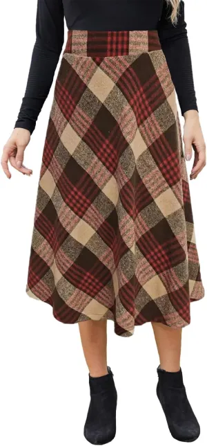 Womens Midi Plaid Skirt High Elastic Waist A-line Vintage Flowy Winter Warm Long Skirts for Women with Pocket