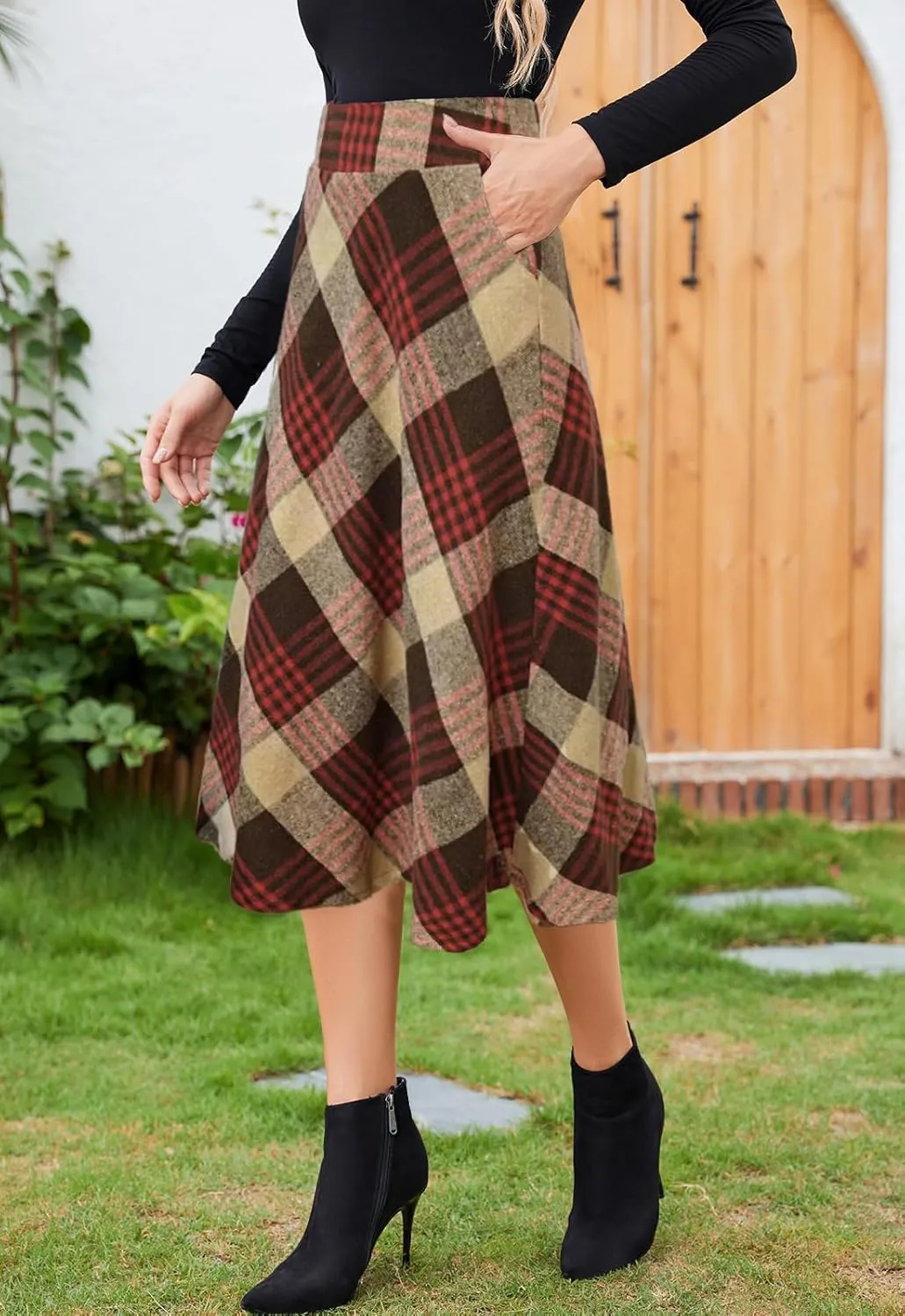 Womens Midi Plaid Skirt High Elastic Waist A-line Vintage Flowy Winter Warm Long Skirts for Women with Pocket