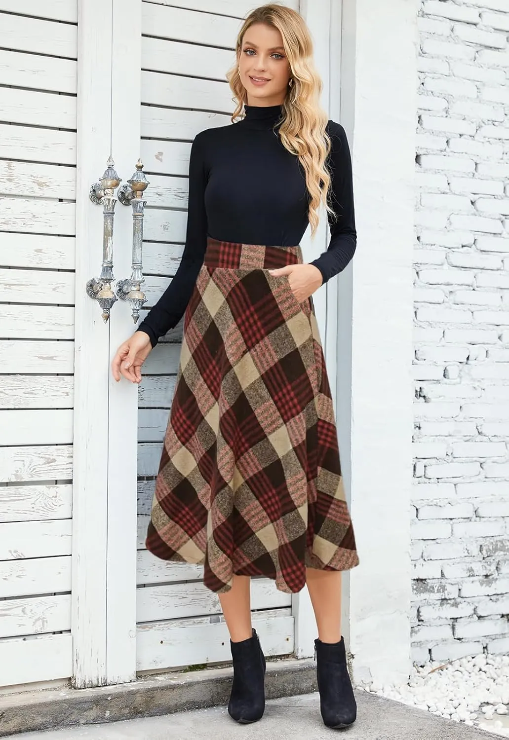 Womens Midi Plaid Skirt High Elastic Waist A-line Vintage Flowy Winter Warm Long Skirts for Women with Pocket