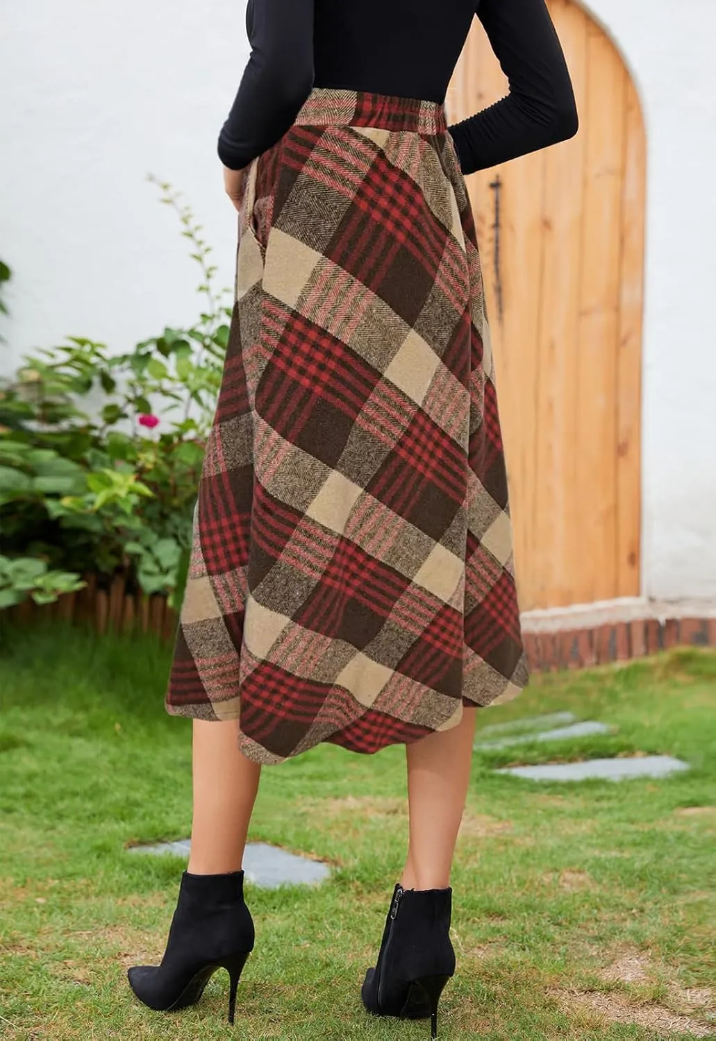 Womens Midi Plaid Skirt High Elastic Waist A-line Vintage Flowy Winter Warm Long Skirts for Women with Pocket