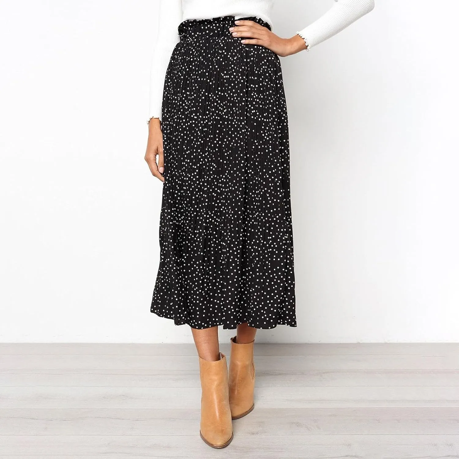 Women's Midi Skirts 2024 Casual High Waist Polka Dot Pleated Skirt Boho A-Line Flowy Skirt with Pockets