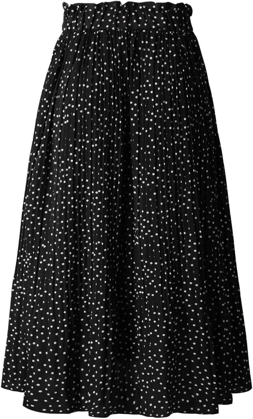 Women's Midi Skirts 2024 Casual High Waist Polka Dot Pleated Skirt Boho A-Line Flowy Skirt with Pockets