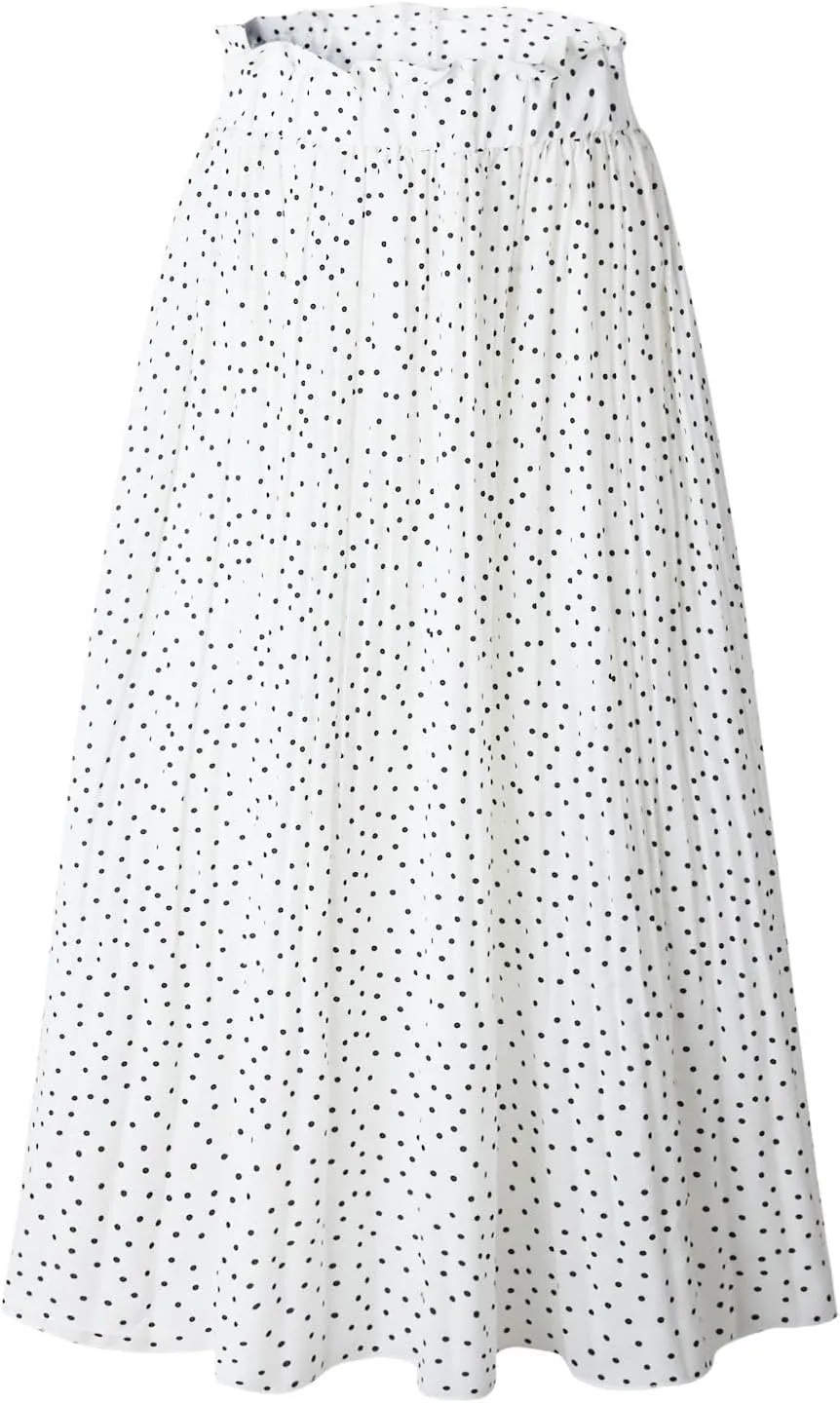 Women's Midi Skirts 2024 Casual High Waist Polka Dot Pleated Skirt Boho A-Line Flowy Skirt with Pockets