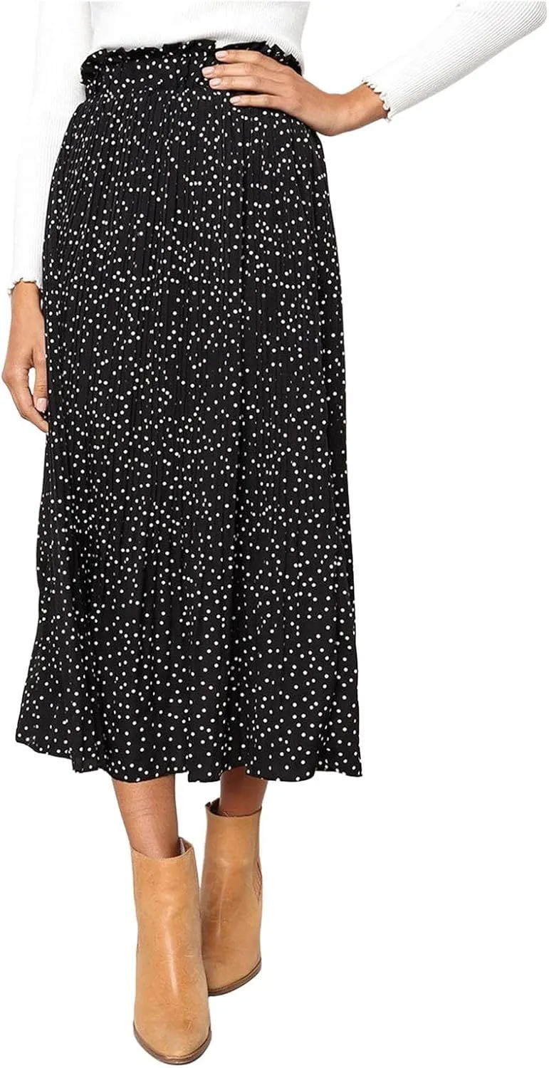 Women's Midi Skirts 2024 Casual High Waist Polka Dot Pleated Skirt Boho A-Line Flowy Skirt with Pockets