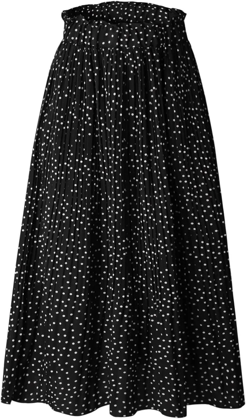 Women's Midi Skirts 2024 Casual High Waist Polka Dot Pleated Skirt Boho A-Line Flowy Skirt with Pockets
