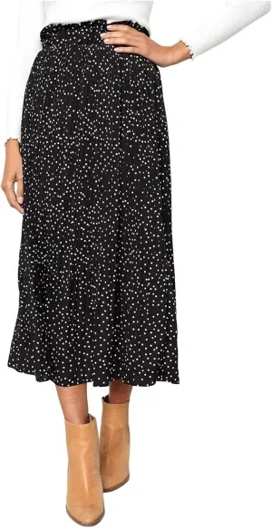 Women's Midi Skirts 2024 Casual High Waist Polka Dot Pleated Skirt Boho A-Line Flowy Skirt with Pockets