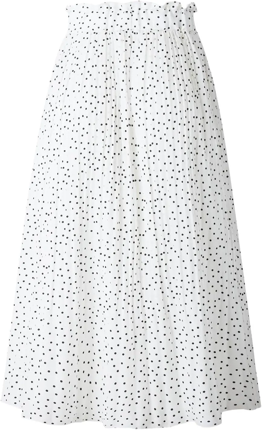 Women's Midi Skirts 2024 Casual High Waist Polka Dot Pleated Skirt Boho A-Line Flowy Skirt with Pockets