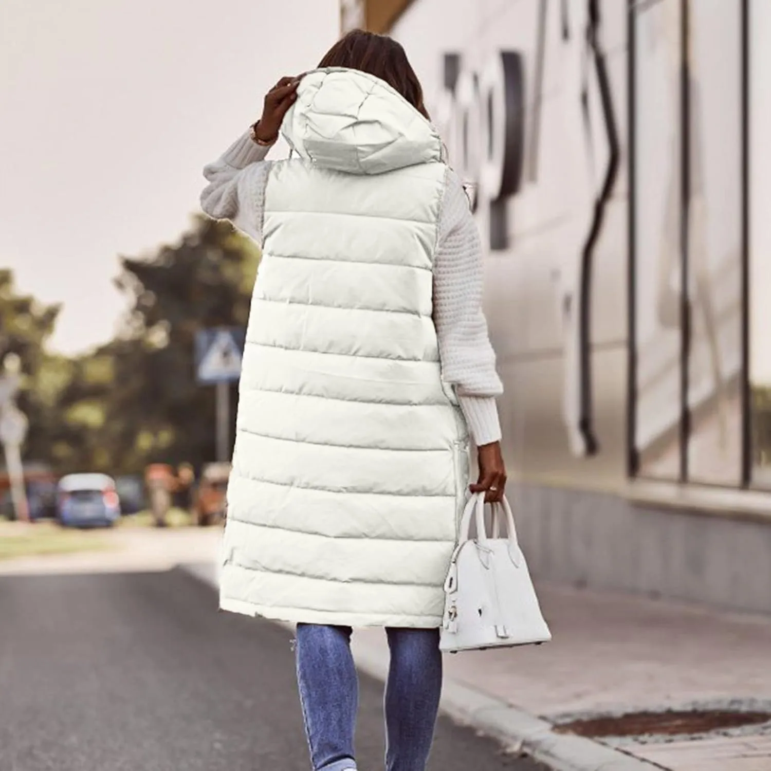 Women's Montreal Mid-Thigh Length Hood Winter Warm Long Vest Sleeveless Long Quilted Vest Thicken Long Outwear