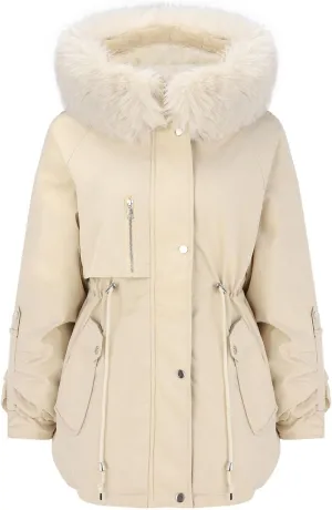 Women's Packable Lightweight Puffer Jacket Ladies Padded Thermal Overcoat with Faux Hooded Waterproof Faux Fur