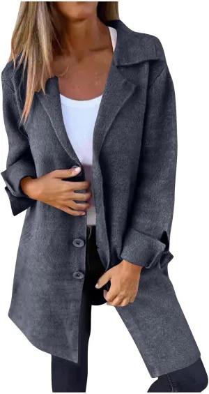 Womens Pea Coat 2024 Fall Winter Woolen Blend Button Down Trench Coat with Pockets Dressy Casual Lapel Trench Coats