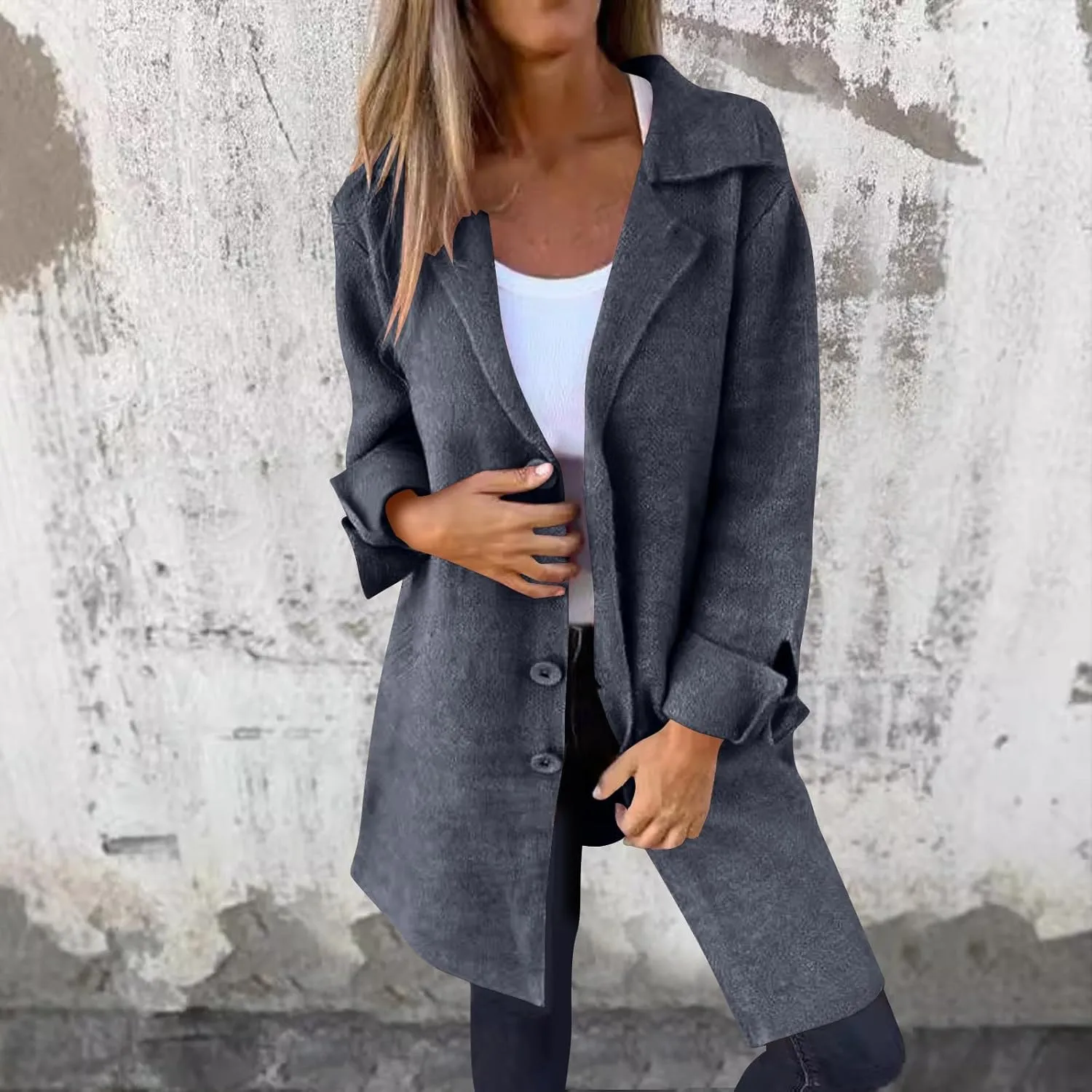 Womens Pea Coat 2024 Fall Winter Woolen Blend Button Down Trench Coat with Pockets Dressy Casual Lapel Trench Coats