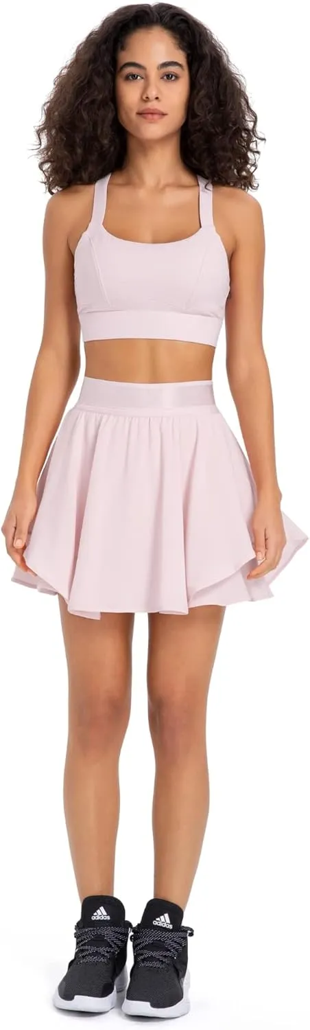 Women's Pink Solid Mini Tennis Skirt with 2 Pockets and High Waisted Elastic Waist