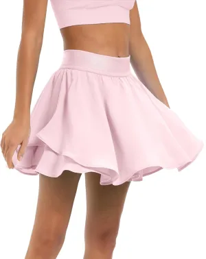 Women's Pink Solid Mini Tennis Skirt with 2 Pockets and High Waisted Elastic Waist