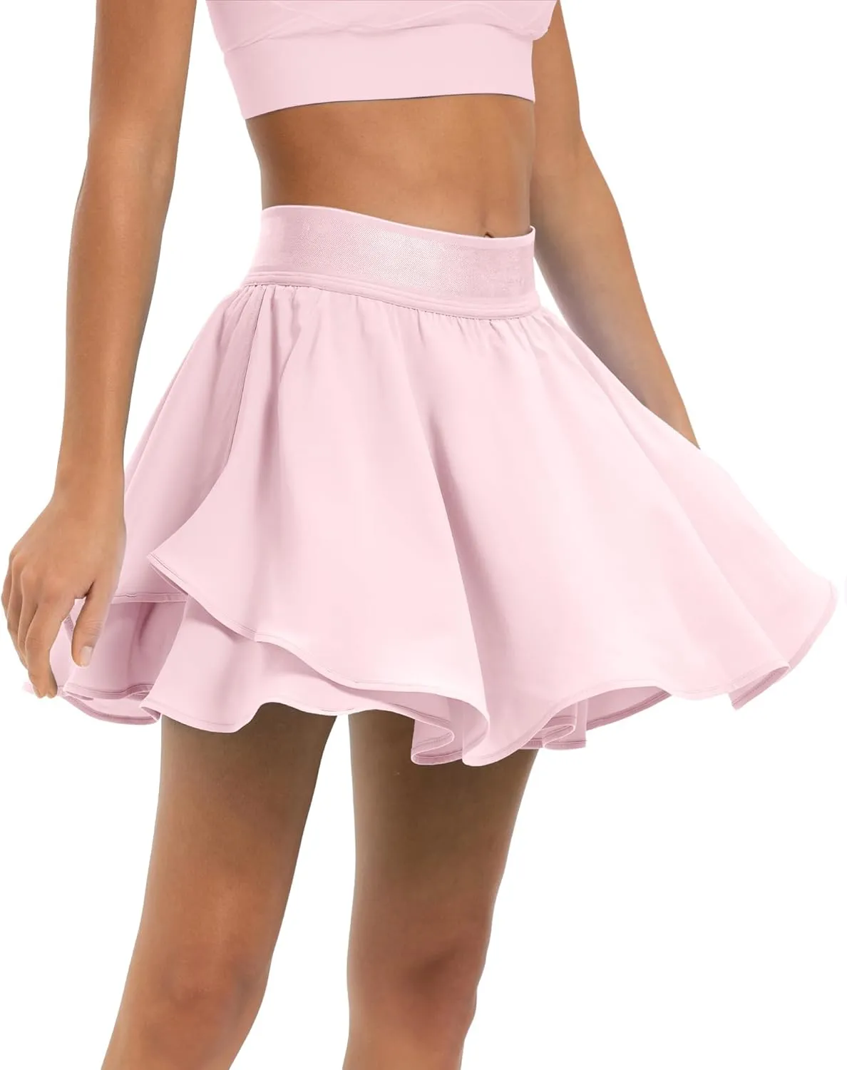 Women's Pink Solid Mini Tennis Skirt with 2 Pockets and High Waisted Elastic Waist