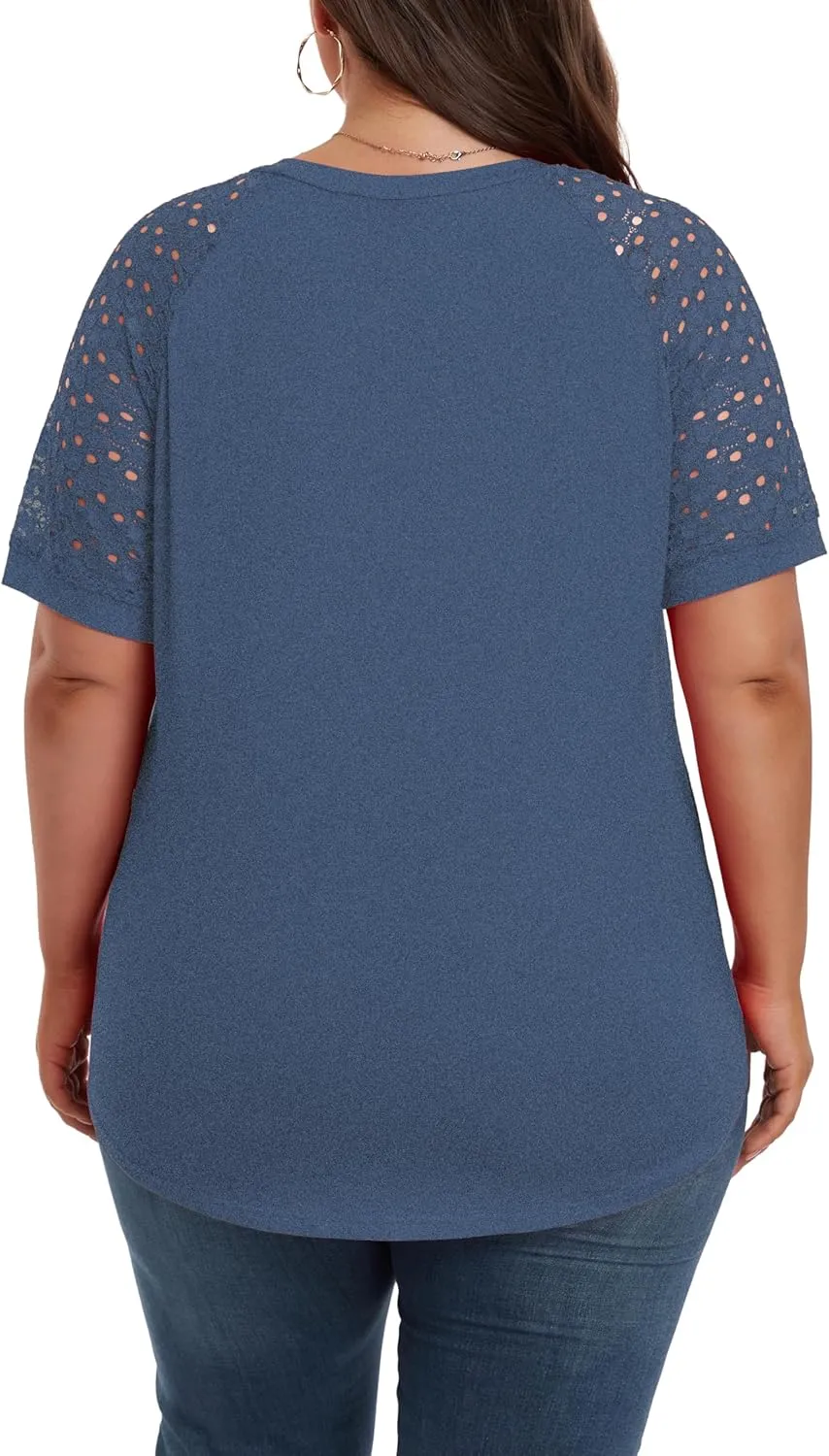 Women's Plus Size Lace Shirt Short Sleeve Round Neck Tops Basic Ladies Loose Fit T Shirt