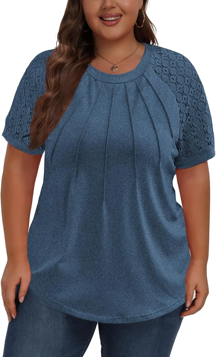 Women's Plus Size Lace Shirt Short Sleeve Round Neck Tops Basic Ladies Loose Fit T Shirt