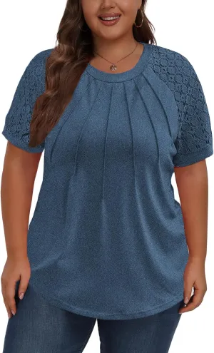 Women's Plus Size Lace Shirt Short Sleeve Round Neck Tops Basic Ladies Loose Fit T Shirt