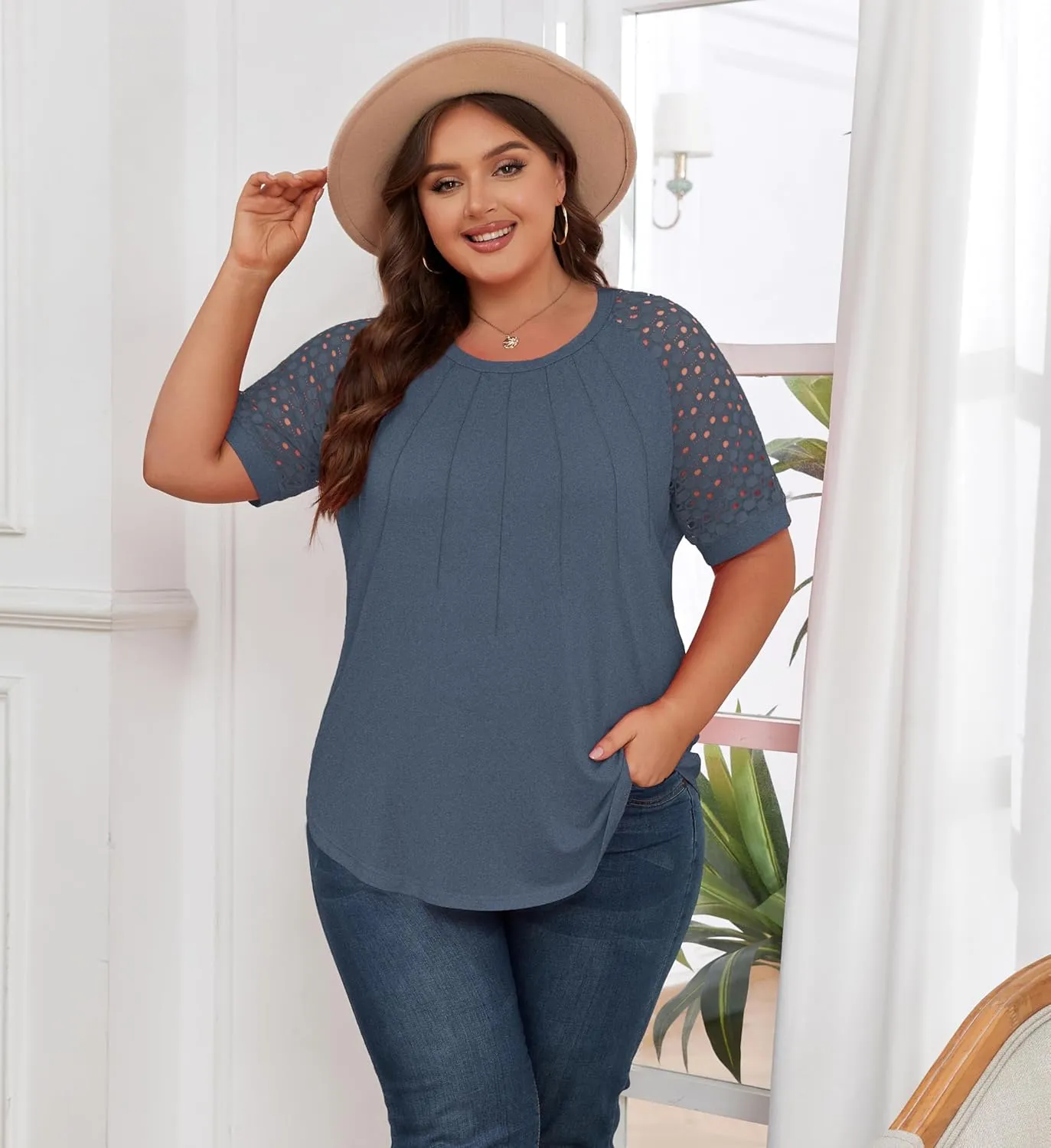 Women's Plus Size Lace Shirt Short Sleeve Round Neck Tops Basic Ladies Loose Fit T Shirt