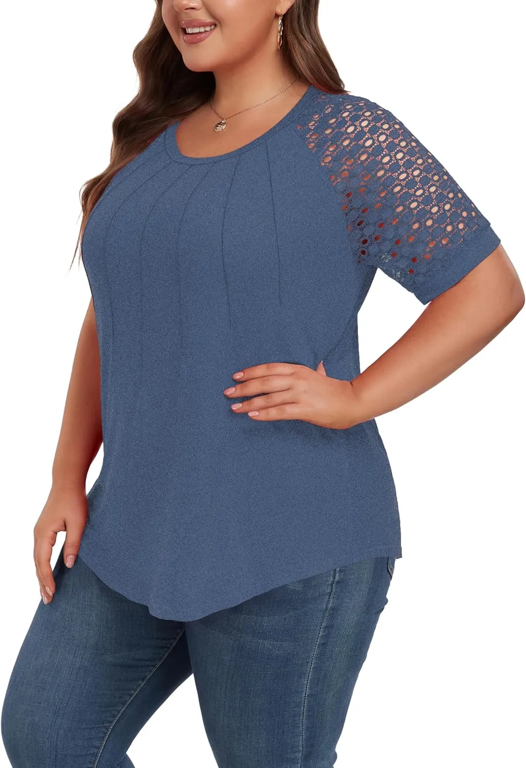 Women's Plus Size Lace Shirt Short Sleeve Round Neck Tops Basic Ladies Loose Fit T Shirt