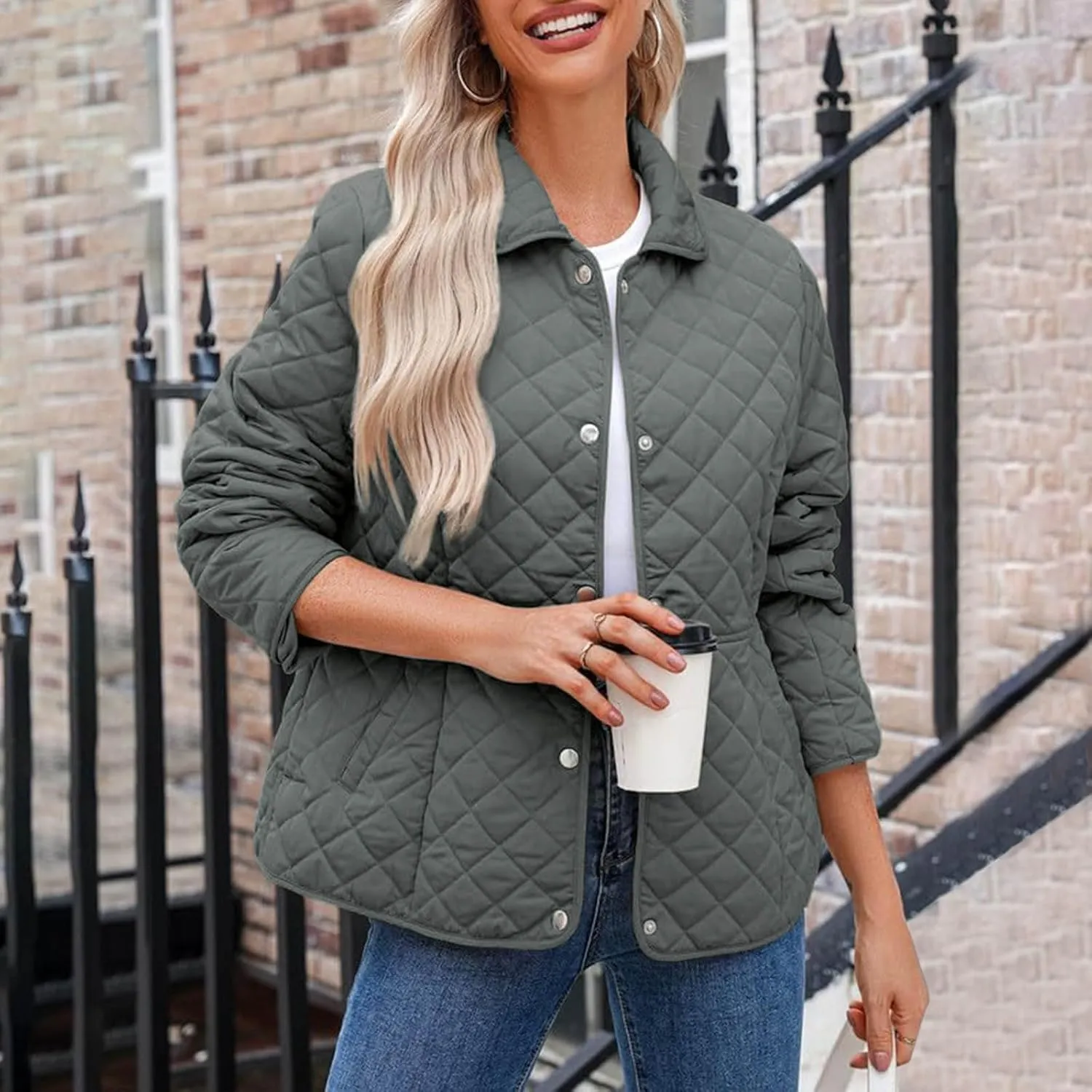 Womens Quilted Jackets Lightweight Casual Long Sleeve Button Down Lapel Puffer Coat Fall Winter Solid Color Warm Top