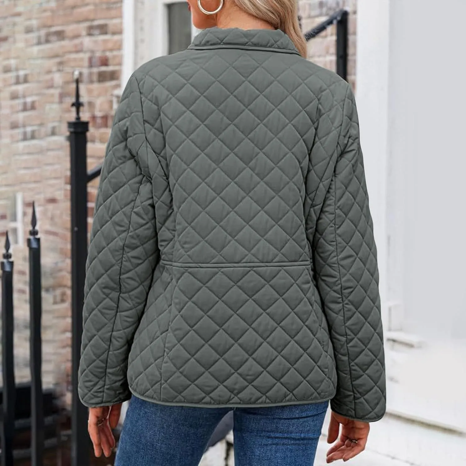 Womens Quilted Jackets Lightweight Casual Long Sleeve Button Down Lapel Puffer Coat Fall Winter Solid Color Warm Top