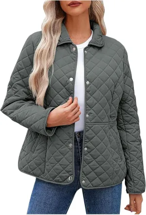 Womens Quilted Jackets Lightweight Casual Long Sleeve Button Down Lapel Puffer Coat Fall Winter Solid Color Warm Top