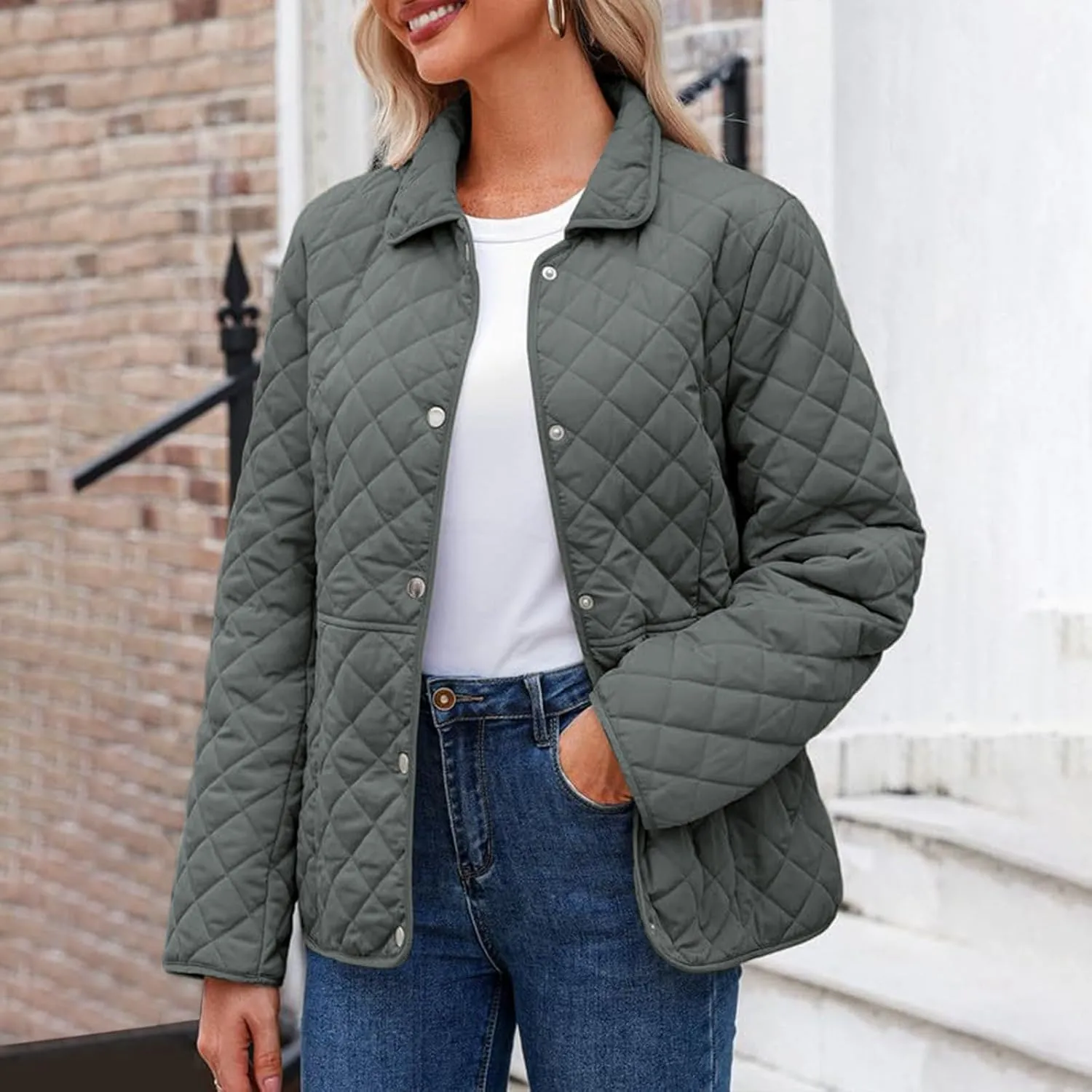 Womens Quilted Jackets Lightweight Casual Long Sleeve Button Down Lapel Puffer Coat Fall Winter Solid Color Warm Top