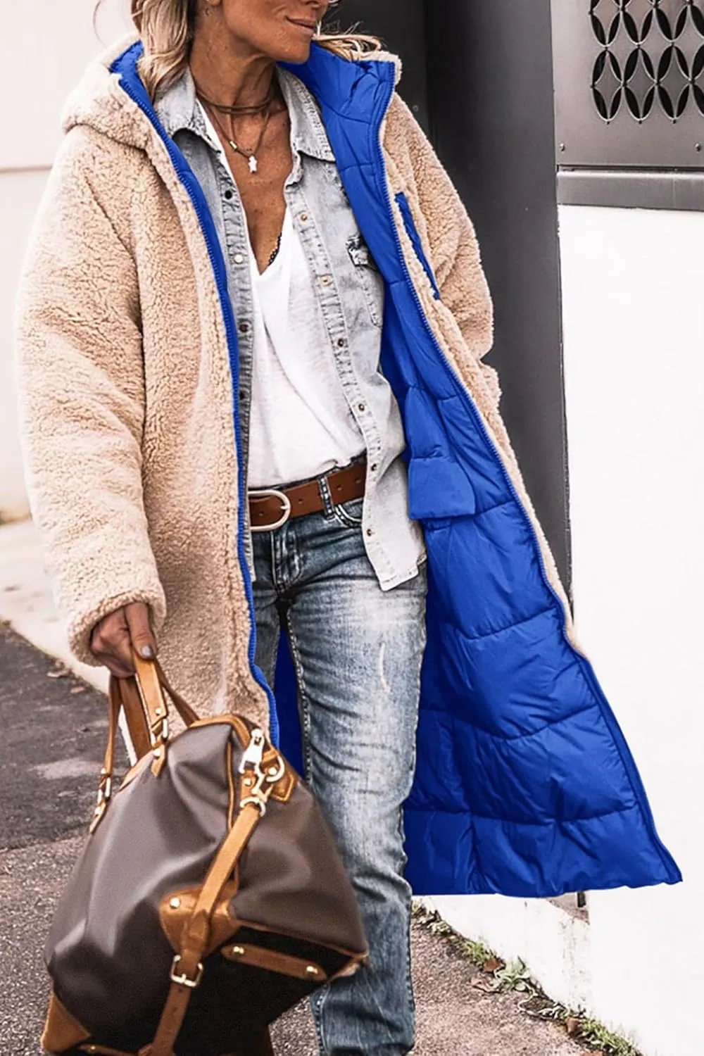 Women's Reversible Jackets with Hood Oversized Shearling Fleece Long Coats Winter Casual Fashion Clothes