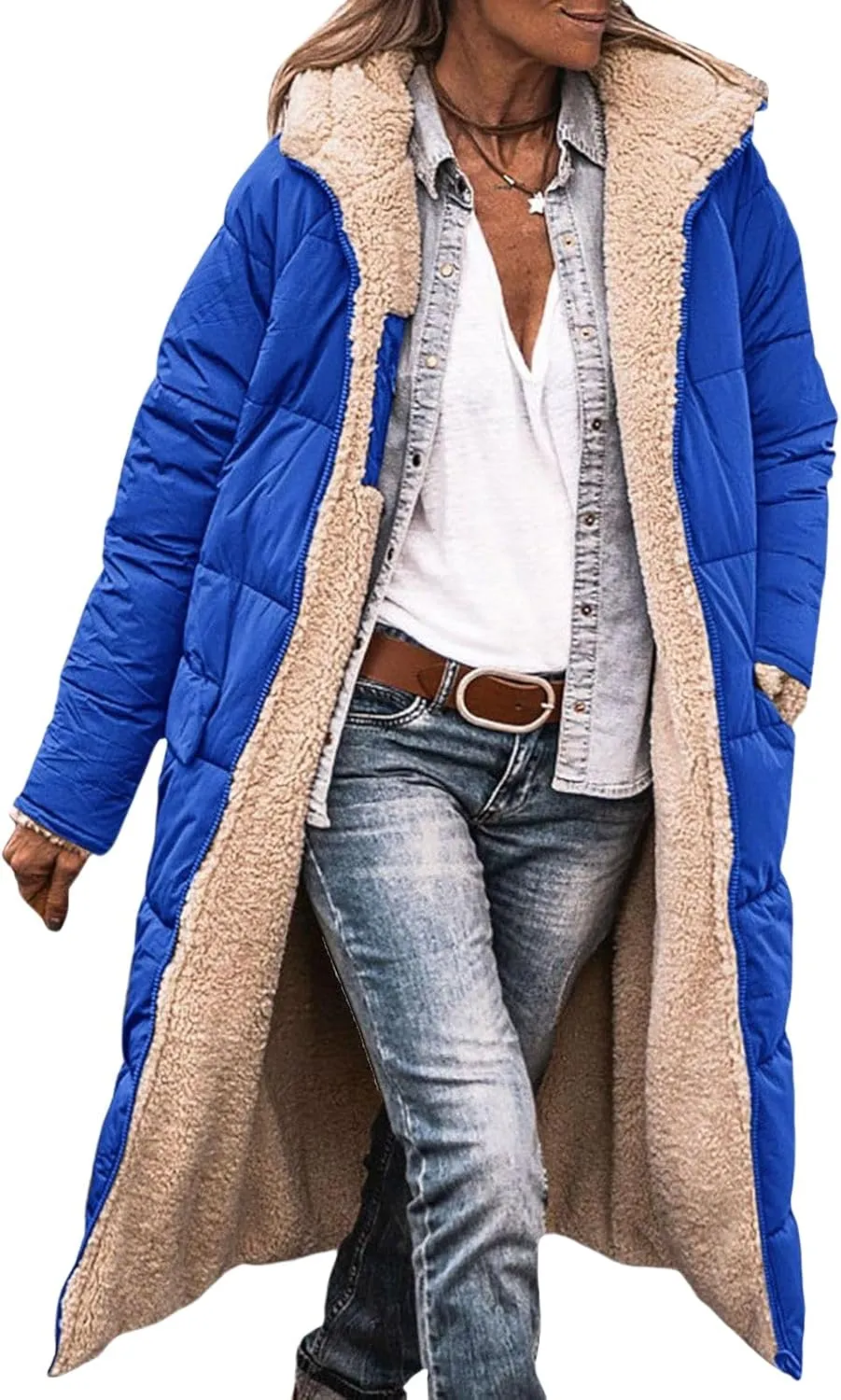 Women's Reversible Jackets with Hood Oversized Shearling Fleece Long Coats Winter Casual Fashion Clothes