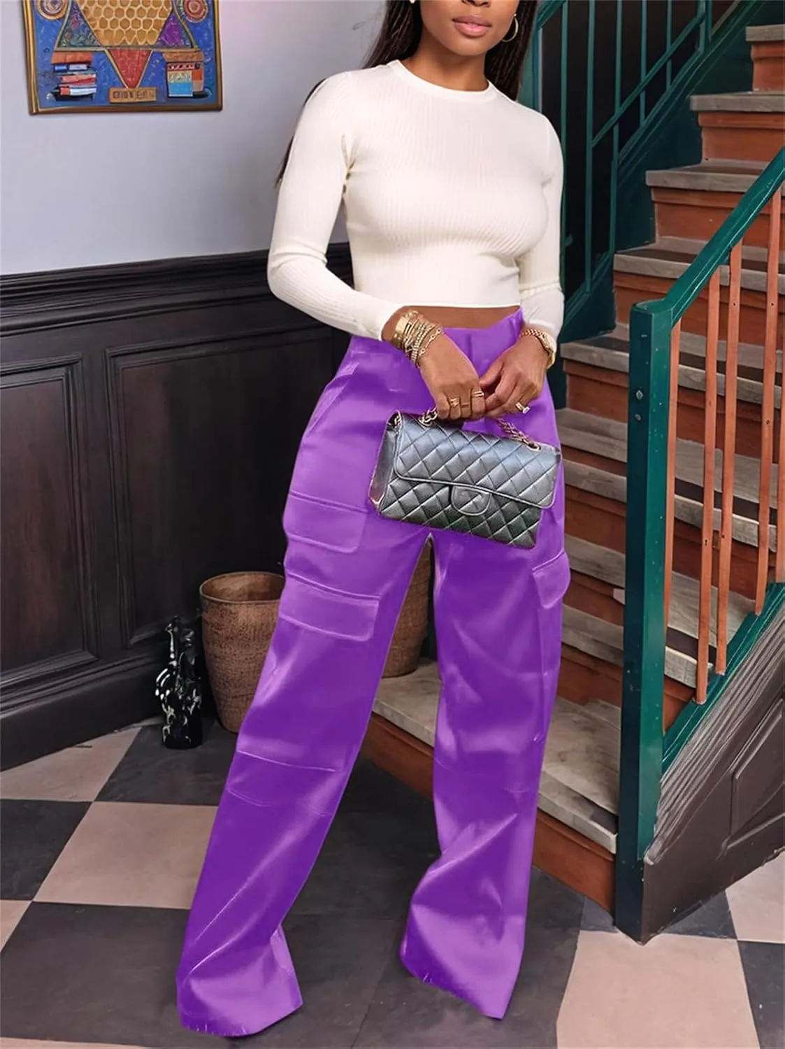 Women's Satin Cargo Wide Leg Pants Silky Dressy Relaxed Casual Pocketed Long Trouser