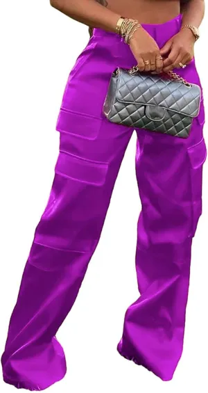 Women's Satin Cargo Wide Leg Pants Silky Dressy Relaxed Casual Pocketed Long Trouser