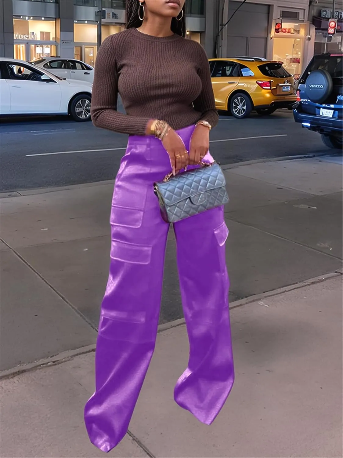 Women's Satin Cargo Wide Leg Pants Silky Dressy Relaxed Casual Pocketed Long Trouser