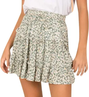 Women's Short Skirt Summer Drawstring Waist Ruffle Skirt Floral Print Swing Beach Mini Dress (XL, Green)