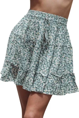 Women's Short Skirt Summer Drawstring Waist Ruffle Skirt Floral Print Swing Beach Mini Dress (XXL, Light Blue)