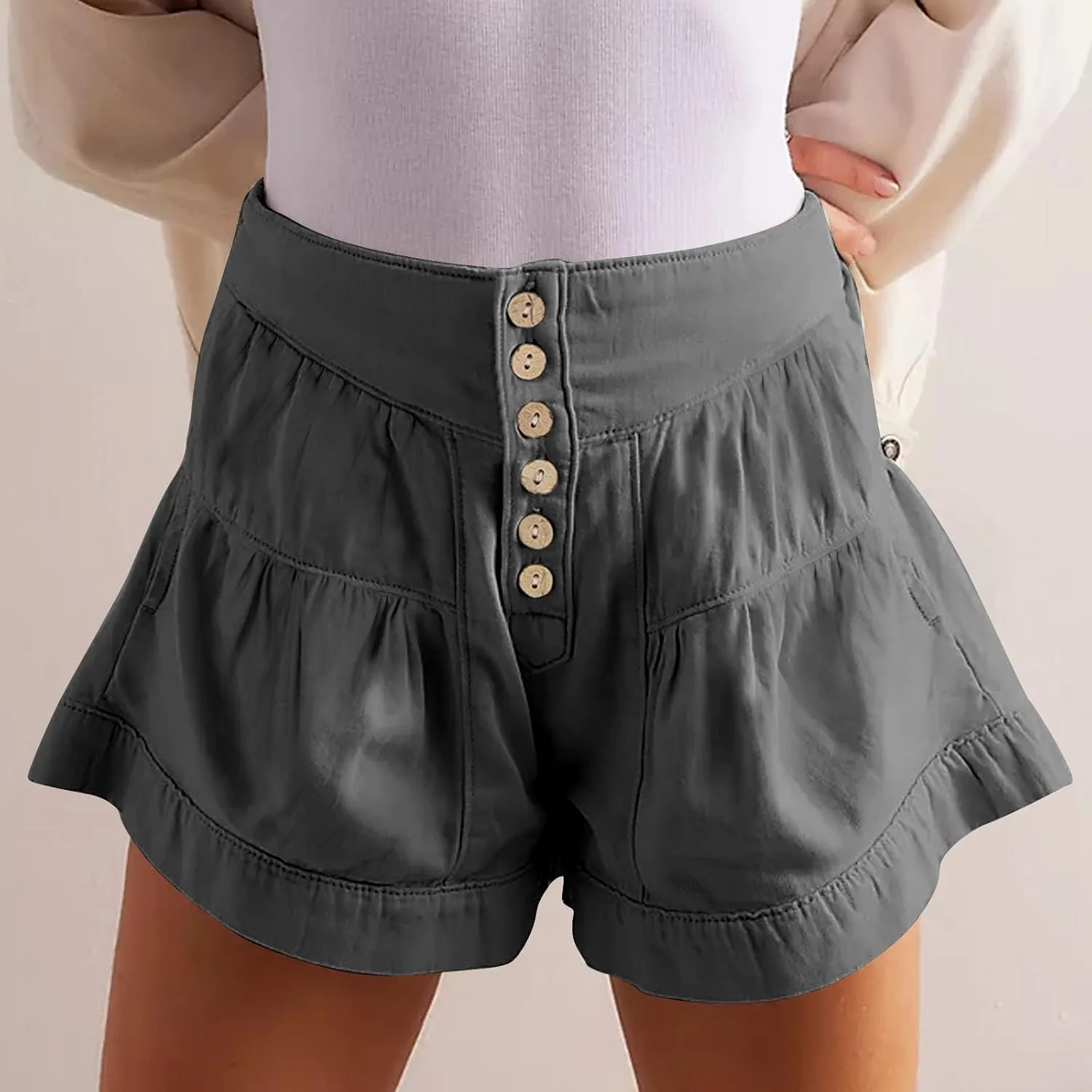 Women's Shorts Summer Baggy High Waisted Flowy Wide Leg Buttons Pleated Casual Denim Shorts 2025 Fashion Pleated Skorts