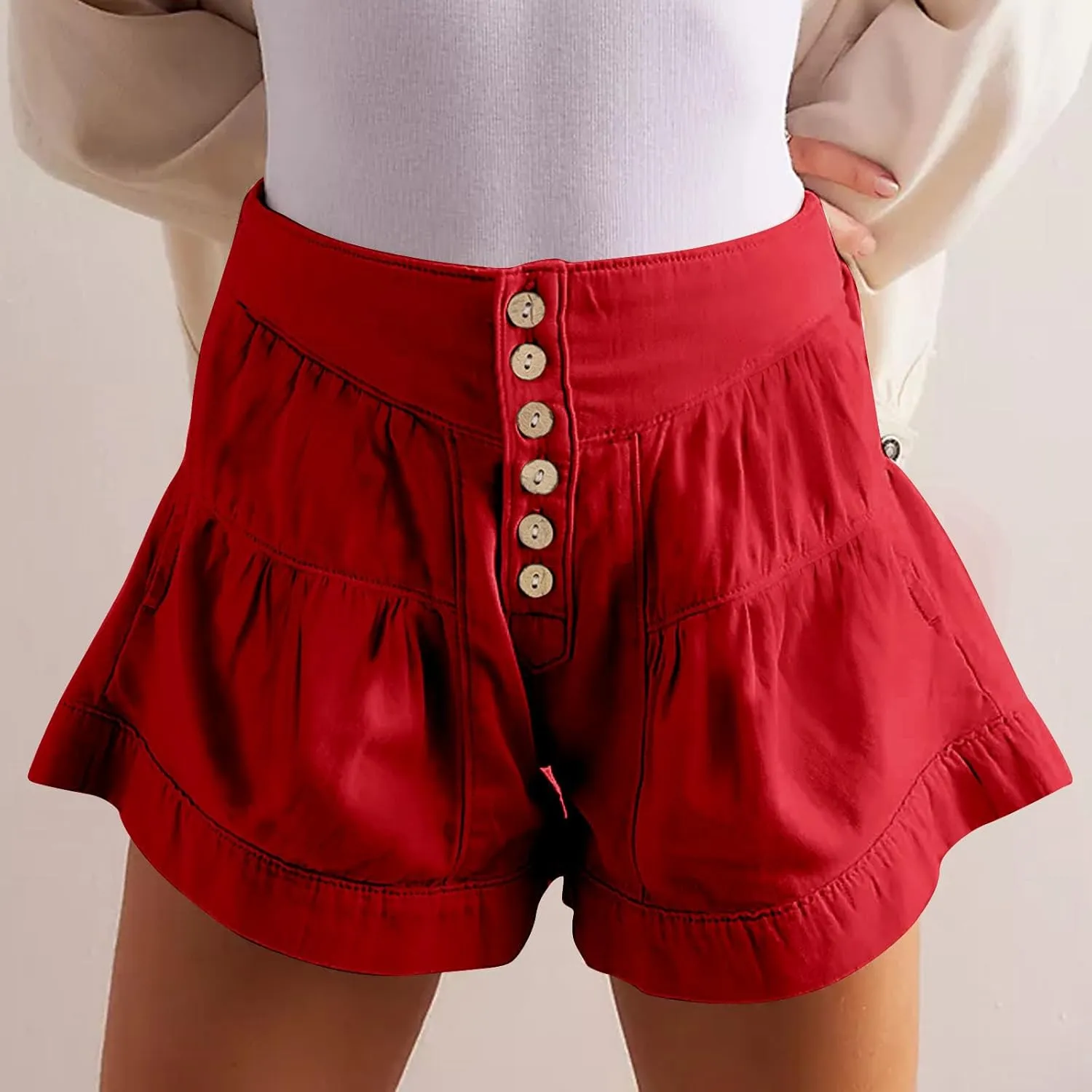 Women's Shorts Summer Baggy High Waisted Flowy Wide Leg Buttons Pleated Casual Denim Shorts 2025 Fashion Pleated Skorts
