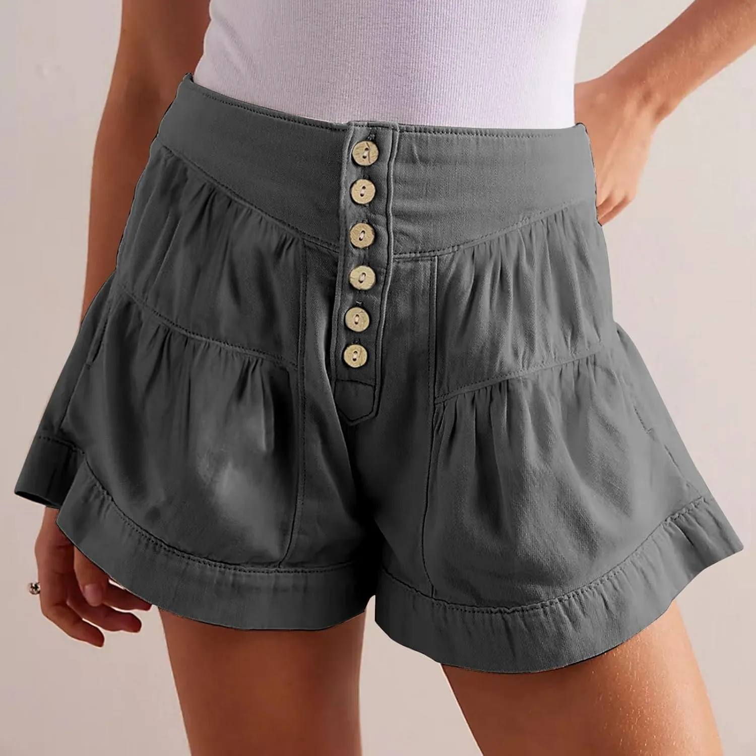 Women's Shorts Summer Baggy High Waisted Flowy Wide Leg Buttons Pleated Casual Denim Shorts 2025 Fashion Pleated Skorts