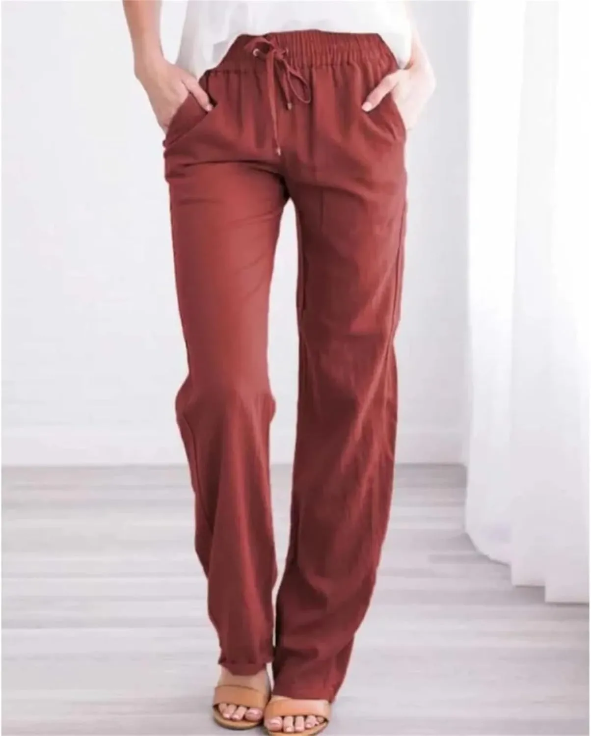 Women's Spring Summer Wide-Leg Pants  Solid Color Cotton Linen Loose Fit Drawstring Waist Trousers for Beach Travel