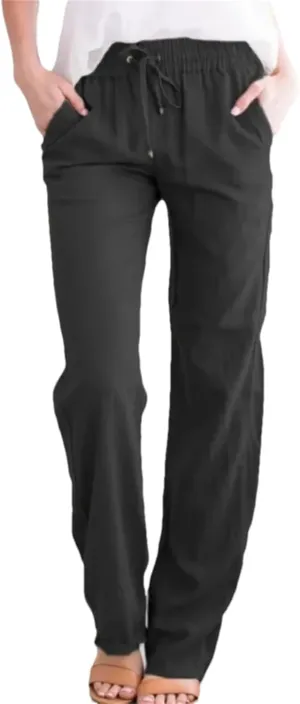 Women's Spring Summer Wide-Leg Pants  Solid Color Cotton Linen Loose Fit Drawstring Waist Trousers for Beach Travel