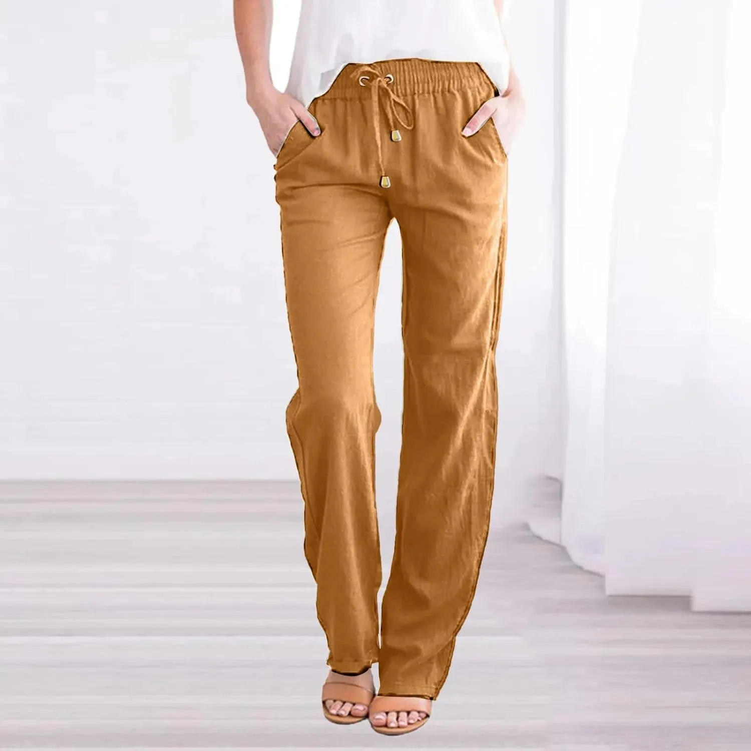 Women's Spring Summer Wide-Leg Pants  Solid Color Cotton Linen Loose Fit Drawstring Waist Trousers for Beach Travel
