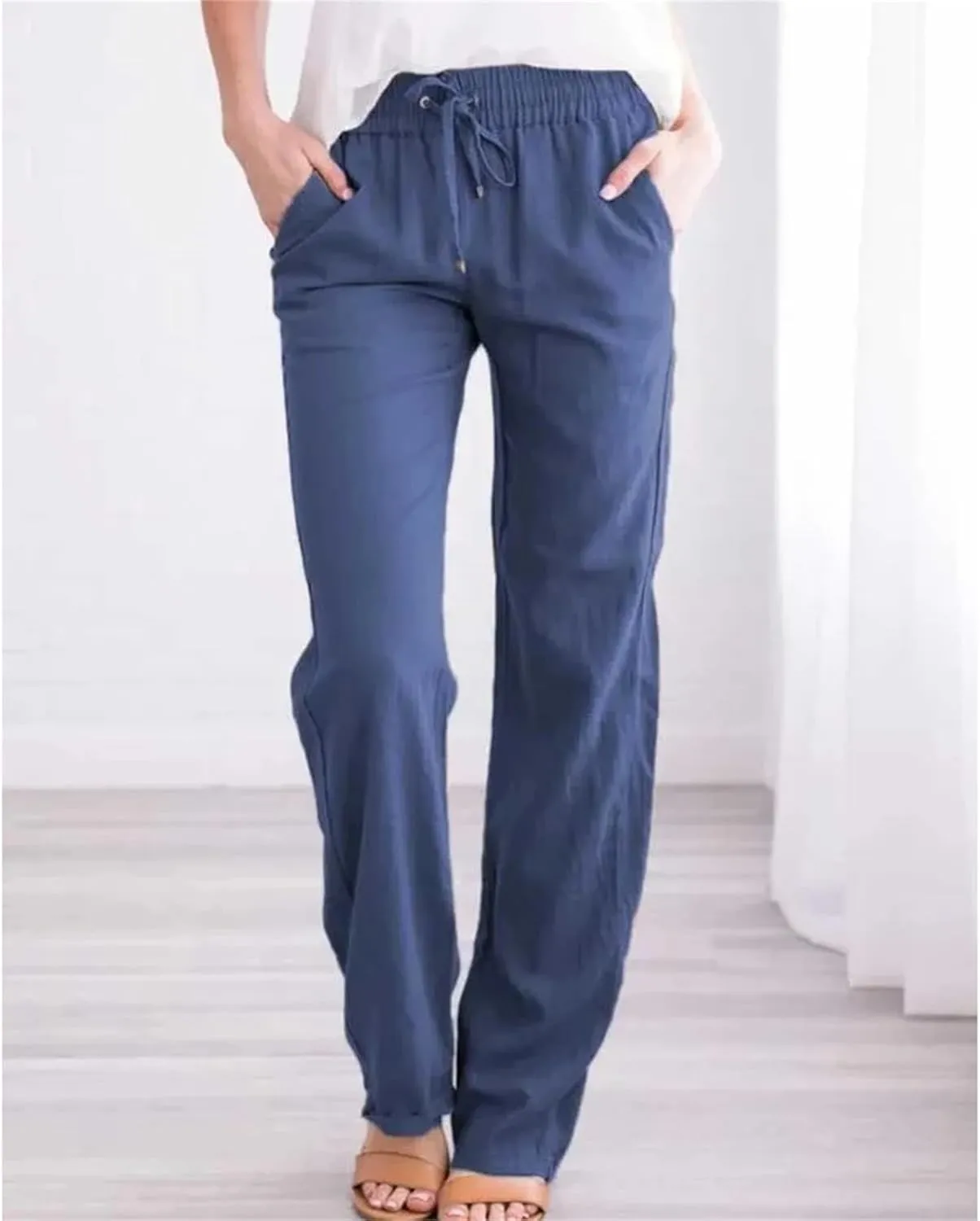 Women's Spring Summer Wide-Leg Pants  Solid Color Cotton Linen Loose Fit Drawstring Waist Trousers for Beach Travel