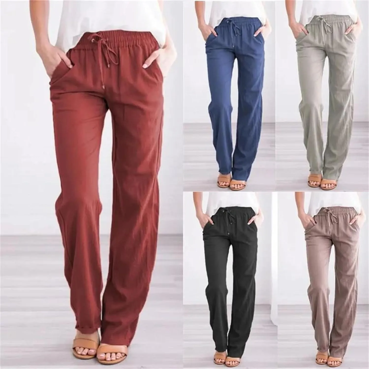 Women's Spring Summer Wide-Leg Pants  Solid Color Cotton Linen Loose Fit Drawstring Waist Trousers for Beach Travel
