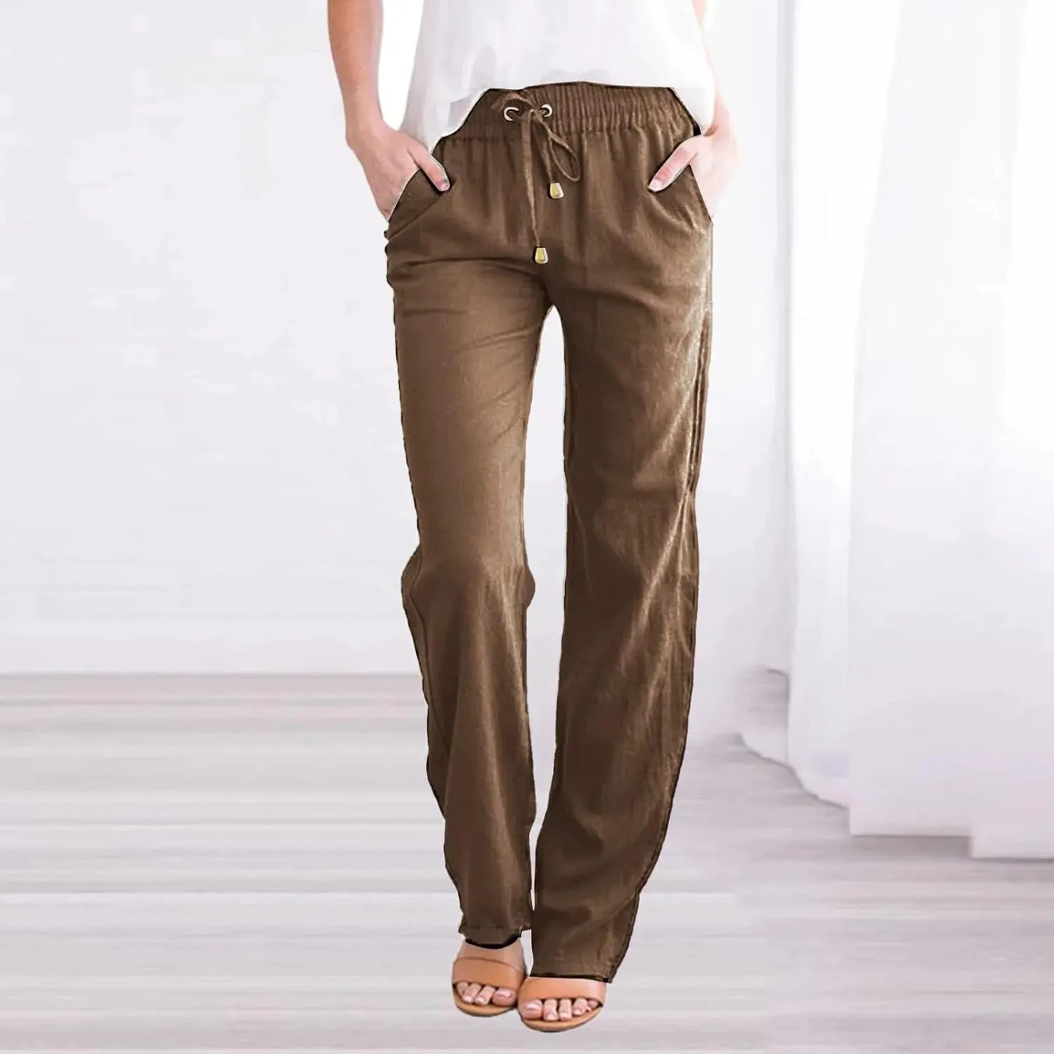 Women's Spring Summer Wide-Leg Pants  Solid Color Cotton Linen Loose Fit Drawstring Waist Trousers for Beach Travel