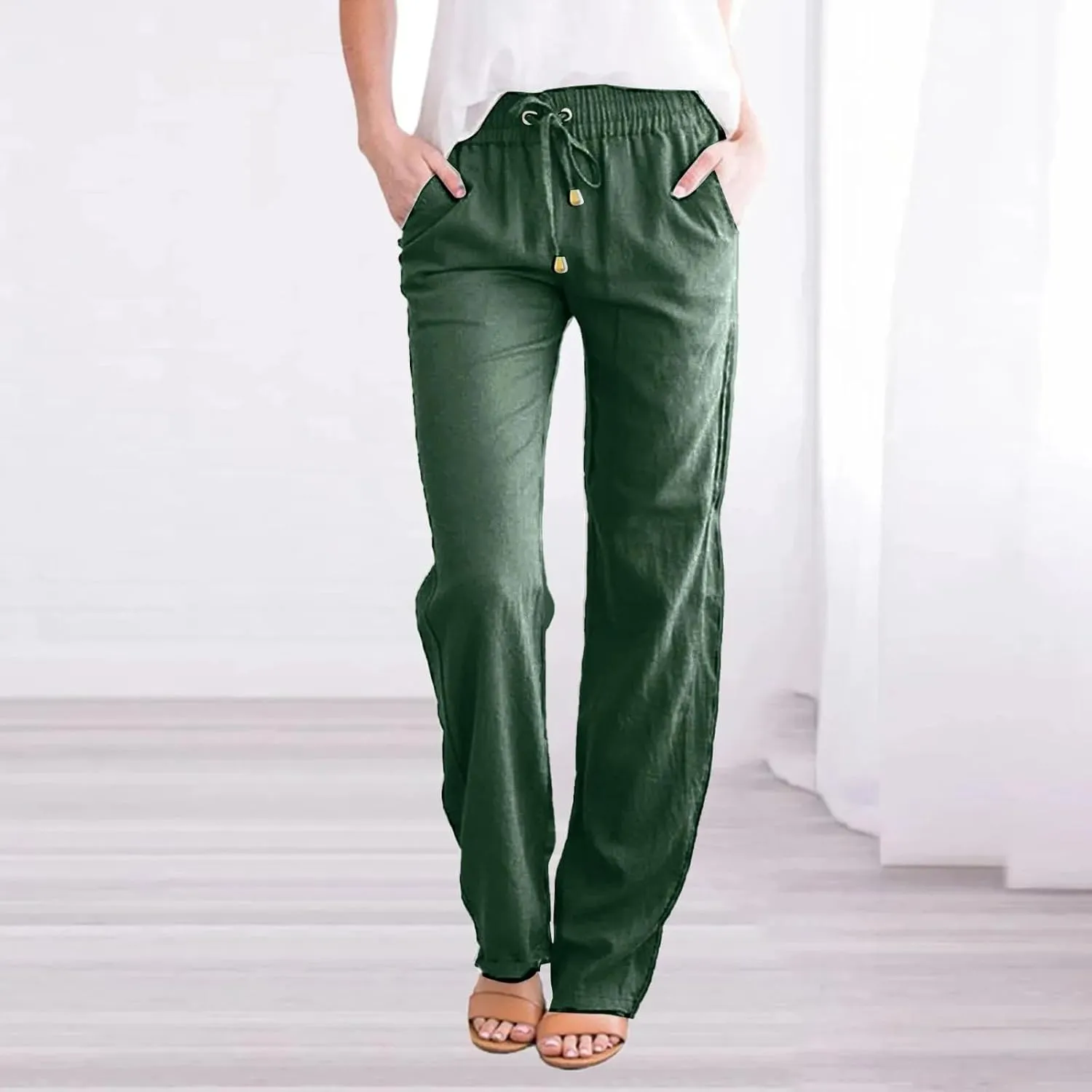 Women's Spring Summer Wide-Leg Pants  Solid Color Cotton Linen Loose Fit Drawstring Waist Trousers for Beach Travel