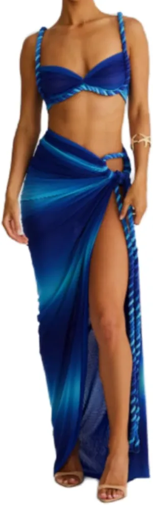Womens Summer Maxi Skirt Outfits Halter Tank Top Gradient Print Lace Up Slit Maxi Skirt Sexy Vacation Sets
